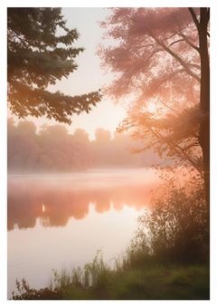 Early morning tranquillity, soft light, still waters.
