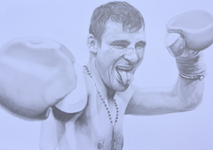 A graphite portrait celebrating Joe Calzaghe, the undefeated Welsh champion renowned for his speed, stamina, and relentless fighting style. From Newbridge to the world stage, he dominated the super-middleweight and light-heavyweight divisions, retiring with a perfect record and a reputation as one of Britain’s greatest ever boxers.