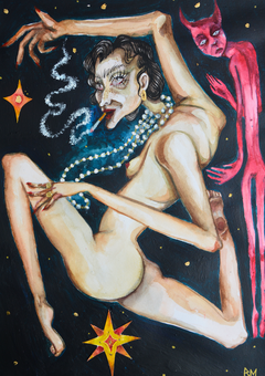 In this work, Loizou continues her exploration of distorted, contorted figures, experimenting with different styles and mediums to expand her visual language. She finds beauty in the unconventional—embracing the strange, the awkward, and the imperfect. Whether through painting or figurative form, her practice celebrates imperfection as an essential part of what makes something truly compelling. The figure in Pearls twists into an almost impossible form, adorned with strands of luminous beads and framed by stars. A red demon lingers just behind, its gaze fixed upon her with an unsettling presence. Rather than a straightforward menace, the demon becomes ambiguous—offering a sense of temptation, judgment, or perhaps protection. Its watchful eyes amplify the tension between beauty and distortion, glamour and decay, vulnerability and power.